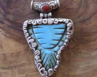 65mm x 40mm Tibetan Spear Shape Natural Raw Polished Turquoise and Coral Stone Silver and Brass Large Ornate Necklace Pendant