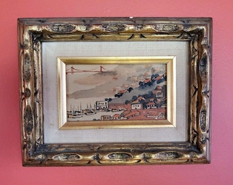 James Yeh-Jau Liu Vintage Mini Watercolor San Francisco Bay Golden Gate Bridge