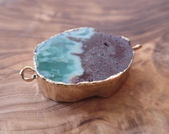 34mm x 21mm Natural Polished Raw Agate Quartz Teal Green Brown Gold Foil Wrapped Large Handmade Necklace Pendant Connector Hoop Hole 1.5mm
