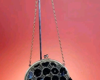 Rare Vintage Sequin Beaded Chain Strap Small Fabric Evening Shoulder Bag 1950's France Black