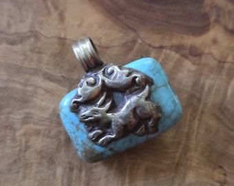 34mm x 33mm Tibetan Natural Raw Polished Turquoise Stone Donkey Leaf Ornate Silver and Brass Necklace Pendant