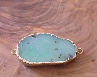 40mm x 22mm Natural Polished Raw Agate Quartz Teal Green Gold Foil Wrapped Large Handmade Necklace Pendant Connector Hoop Hole 2mm