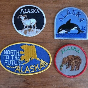 Könnte beinhalten: Vier gestickte Aufnäher mit Alaska-Motiven. Einer zeigt einen Widder, ein anderer einen Orca, ein dritter hat den Text "North to the Future" und eine Karte von Alaska, und der letzte zeigt einen Bären mit einem Fisch. Die Aufnäher sind in verschiedenen Formen und Farben.