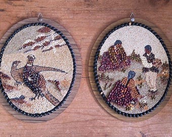 2 Vtg MCM Korean 1960s Mosaic Seed Grain Folk Art Kitcsh Boho Wall Deco Plaques
