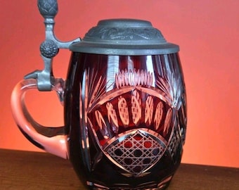 Vintage Rastal-Werk Ruby Red Crystal Beer Stein/Mug With Pewter Lid Germany