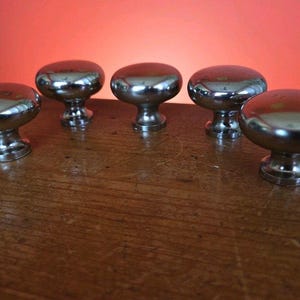 5 Vtg Drawer Pulls Solid Brass Chromed Silver Cabinet Knobs 1 1/2" Dia X 1 1/4 L