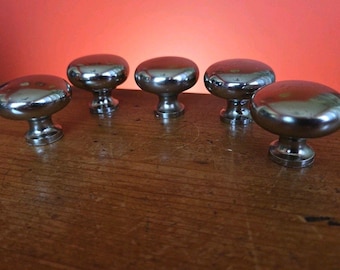 5 Vtg Drawer Pulls Solid Brass Chromed Silver Cabinet Knobs 1 1/2" Dia X 1 1/4 L