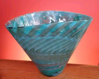 Murano Aquamarine Swirl Ocean Glass Vase Green Vintage Rare Labeled Italy Bowl