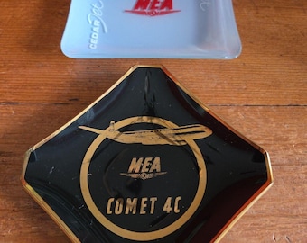2 Vtg MEA Middle East Airlines COMET 4 C Cedar Jet advertising glass ashtrays 1950's 1960's Rare Aviation Vintage
