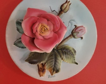 Vintage Napco Rose Plate Wall Decoration Plaque With Raised Rose 5" Japan EUC