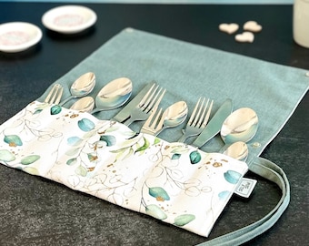 Cutlery bag 2-4 people eucalyptus white mint rollable camping cutlery for on the go outdoor cutlery roll