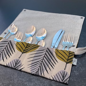 Cutlery bag 2-4 people leaf motif natural rollable camping cutlery for on the go outdoor cutlery roll
