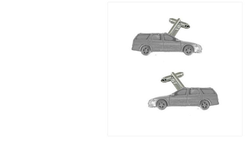 May include: A pair of silver cufflinks featuring a detailed miniature model of a station wagon car.