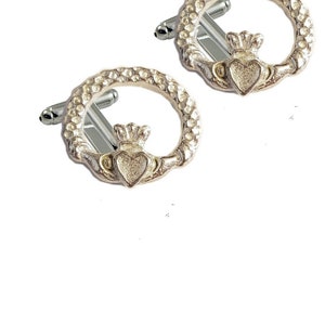 Claddagh  SILVER COLOUR  made from fine English pewter cuff link or tie slide or the set or stick pin codeFT12