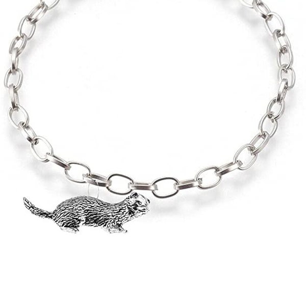 A32 Ferret  Made From English Pewter on belcher link chain perfect as a anklet or bracelet gift jewellery