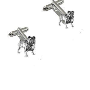 May include: A pair of silver cufflinks featuring a bulldog design. The cufflinks are made of metal and have a polished finish.