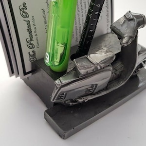 scooter biker   Pewter Effect car Business Card & PEN pencil Holder NEW Handmade In Sheffield