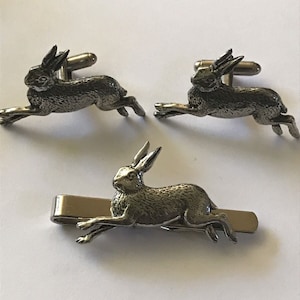 Hare rabbit made from fine English pewter cuff link or tie slide or the set or stick pin codea1