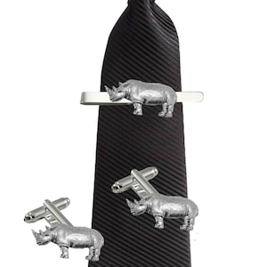 rhino made from fine English pewter cuff link or tie slide or the set or stick pin code  codeppa11