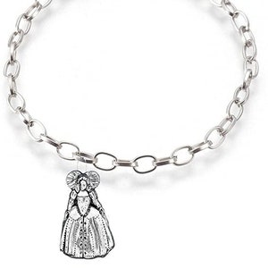 May include: A silver chain bracelet with a charm of a woman in a long dress.