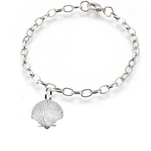 May include: A silver chain bracelet with a silver seashell charm.