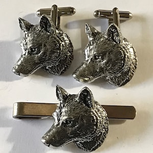 Wolf Head made from fine English pewter cuff link or tie slide or the set or stick pin codea66
