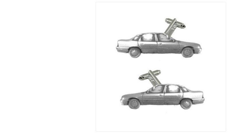 May include: A pair of silver cufflinks shaped like a car. The car is a sedan with a silver finish. The cufflinks are a unique and stylish accessory for any man.