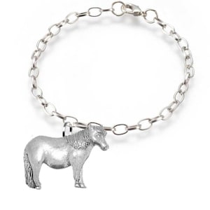 May include: A silver chain bracelet with a pewter charm of a miniature horse. The charm is detailed and realistic, with a textured mane and tail.