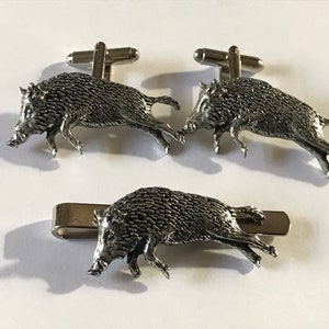 Springing Boar made from fine English pewter cuff link or tie slide or the set or stick pin codea55