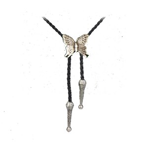 May include: A black bolo tie with a silver butterfly pendant. The tie has two silver tips.
