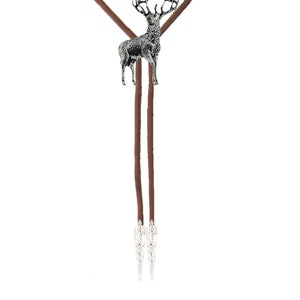 Standing Stag  made from fine English pewter crafted on a Bolo bola Necktie Natural Brown Leather Thong Cord refa31