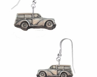 Classic car Morris Minor Traveller ref161  on hook Earrings sterling silver 925  light weight amazing details