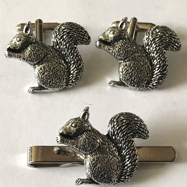 Sitting Squirrel made from fine English pewter cuff link or tie slide or the set or stick pin codea35