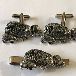 Hedgehog family  made from fine English pewter cuff link or tie slide or the set or stick pin codea46
