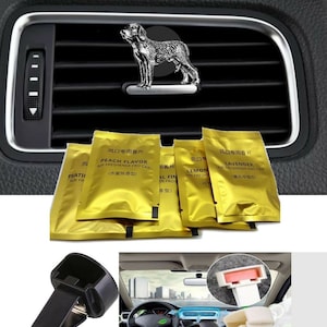 Puede incluir: Un juego de clips para ambientador de coche con una figurita de perro plateada. Los clips son negros y blancos y vienen con cuatro bolsitas perfumadas en un paquete de papel de aluminio dorado. Las bolsitas están etiquetadas con los aromas: Peach Flavor, Lemon, Lavender y Floral.