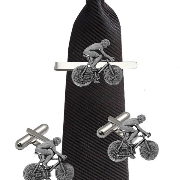 male cyclist made from fine English pewter cuff link or tie slide or the set or stick pin code  codepp