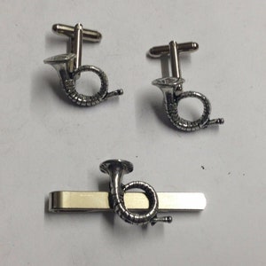 Hunting Horn   made from fine English pewter cuff link or tie slide or the set or stick pin codec22
