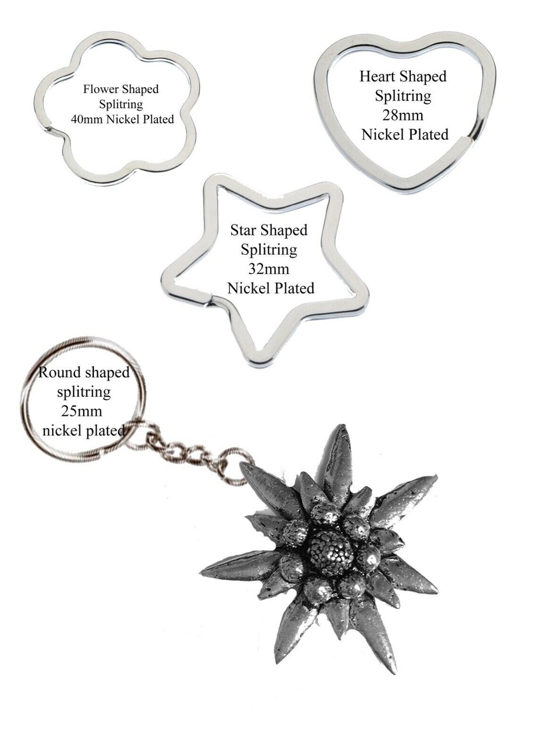 Large Edelweiss on a Split Ring Keying in 4 Style Star Flower Round ...