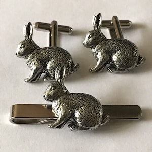 Rabbit made from fine English pewter cuff link or tie slide or the set or stick pin codea17