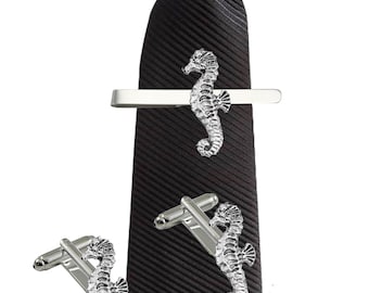 Boutons De Manchette Hippocampe Argent Avec Pierre Bleue - Attache à Cravate Assortie