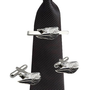 Pike&#39;s Head  made from fine English pewter cuff link or tie slide or the set or stick pin code  code F21