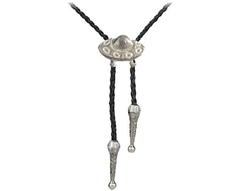 Pewter UFO Flying Saucer Necklace Western Cowboy Necktie Bola Bolo Tie codeFT22  unisex line dancing cowboy Wild West