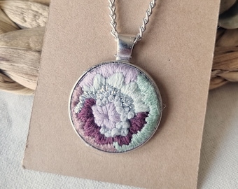 LAVENDER FIELD / hand embroidered stainless steel pendant