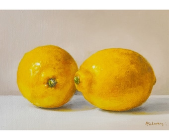 Zitronen, Original Ölgemälde, Stillleben, zeitgenössischer Realismus, 18x13cm von Amanda Selway