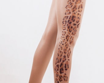 Tiger animal print pantyhose, tattoo tights style, fantasy pantyhose, luxury lingerie, printed nylon stockings, patterned pantyhose