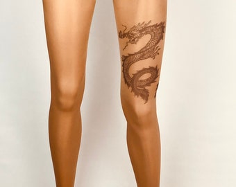 Tattoo Tights, Printed Pantyhose model 'Dragon', Transparent Nylon printed with tattoos, Exclusive Printed Pantyhose for women