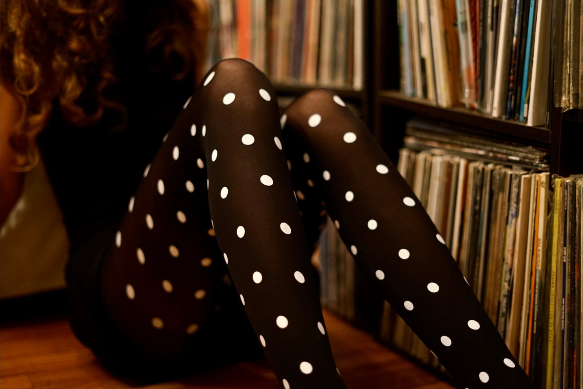 Black Polka Dot Patterned Tights, Women's Black Tights With White