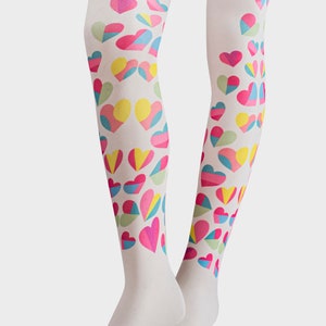 White nylons tights stamped for girls, printed pantyhose with fun colors, fashion tights for girls 6 to 12 years old.