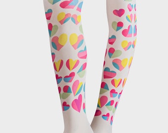 White nylons tights stamped for girls, printed pantyhose with fun colors, fashion tights for girls 6 to 12 years old.