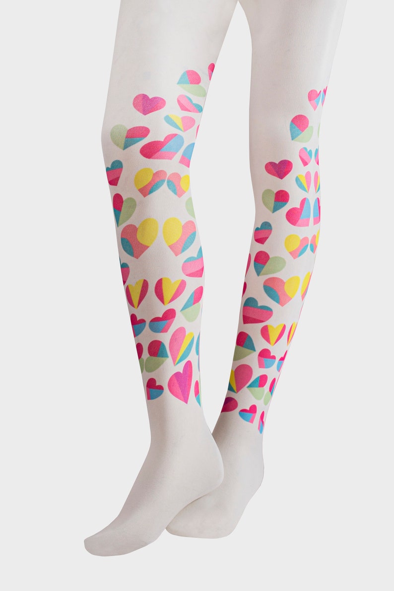 White nylons tights stamped for girls, printed pantyhose with fun colors, fashion tights for girls 6 to 12 years old. image 1